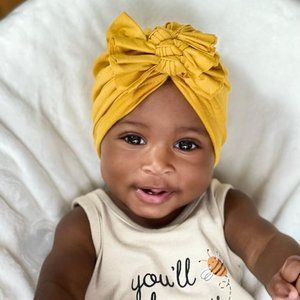 Triple bow Baby Turban- Big Bows Soft Cotton Baby Boho Bonnet Beanies- MUSTARD